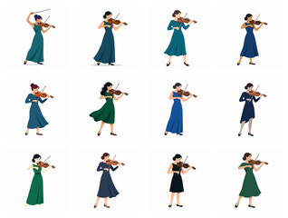 Fototapeta premium Twelve Vector Illustrations Of Women Violin Players In Evening Gowns