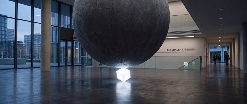 Large stone sphere balanced on a glowing cube in a modern building, representing leverage and strength
