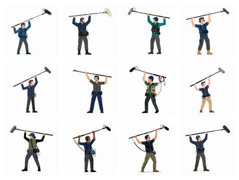 Professional Sound Recordists and Boom Operators Flat Vector Set