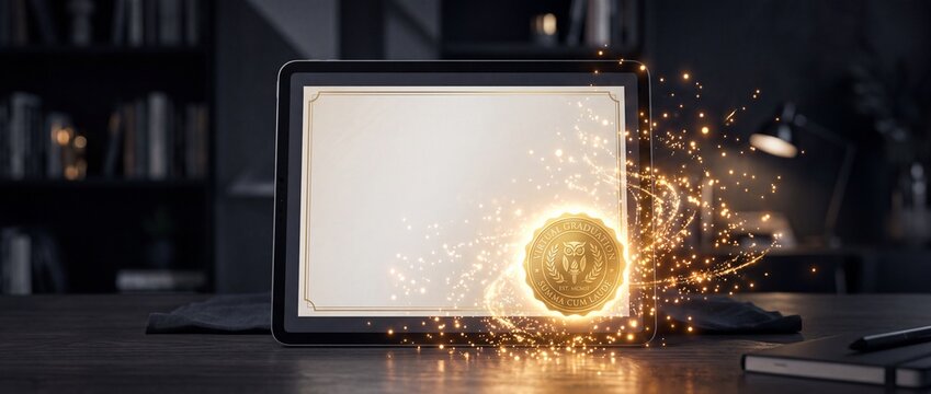 Digital tablet displaying blank white diploma with glowing golden seal and sparkles on dark desk for virtual graduation celebrations.