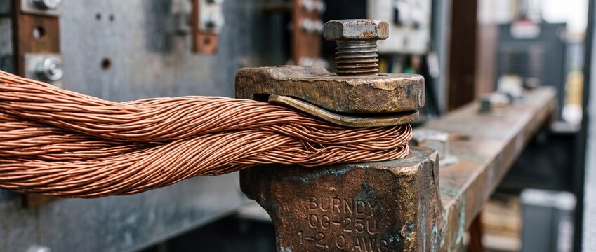 Copper electrical ground wire secured by metal clamp on heavy duty industrial power equipment panel for connection safety and grounding