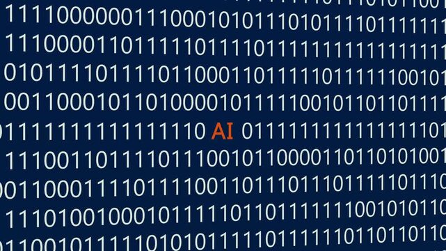 AI text or word with digital binary animation made in After Effects for digital world technology concept, representing artificial intelligence, machine learning systems, automated cognitive computing