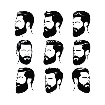 Detailed vector illustrations of nine stylish men with various beard styles and modern haircuts, shown in three-quarter and side profile views.