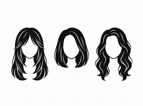 A set of black silhouette vector illustrations displaying modern women's hair haircut styles ranging from layered long cuts to bob and wavy hair.