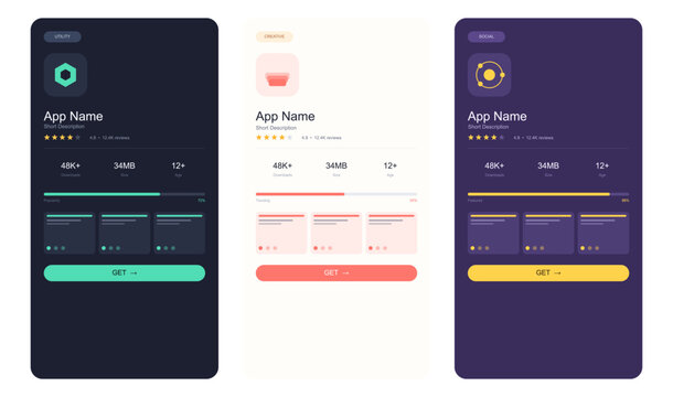 app store, user interface, ui, ux, mobile app, dark mode, light mode, app download, screen template, install button, application, layout, mockup, smartphone, wireframe, interface template, rating, rev