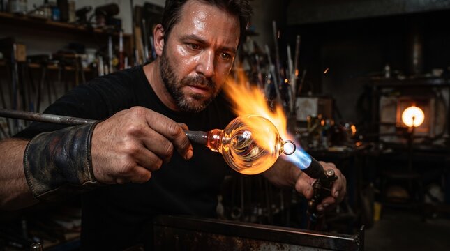 Male glassblower creating molten glass sphere in dark workshop, suitable for craftsman, glassblowing, artisan, flame, heat concept designs.