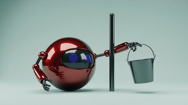 Red Sphere Robot Character Holding Bucket 3D Render