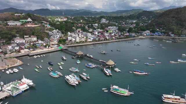 Aerial view of the natural scenery of ships in Komodo Labuan Bajo Bay, Indonesia