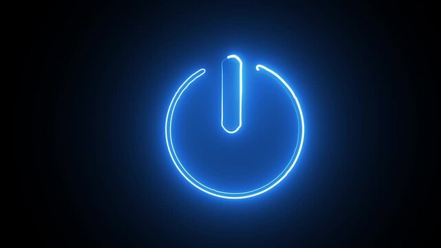 Abstract glowing blue purple neon symbol of power button sign with glowing outlines with rays on black background with reflection. 4k video.
