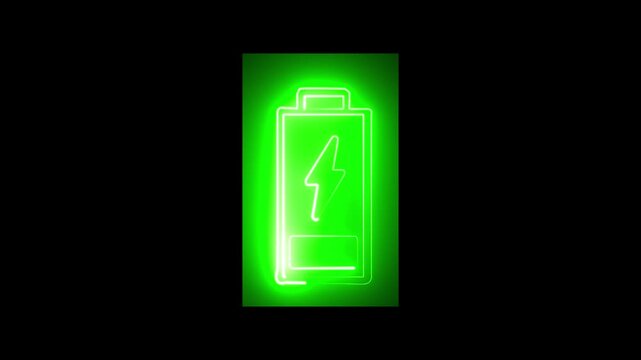 Bright neon electric battery icon. Neon battery sign animation. Neon charging animation black background.4k v ideo..

