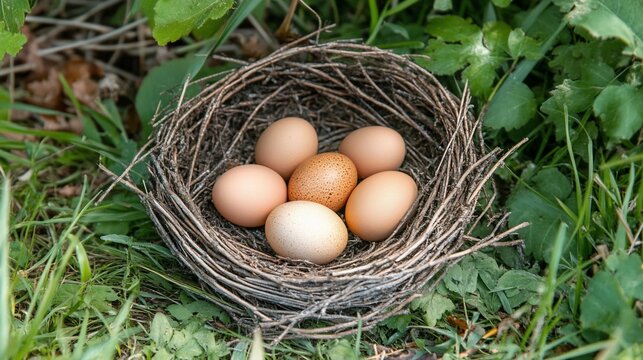 Bird Nest with Eggs in Green Grass