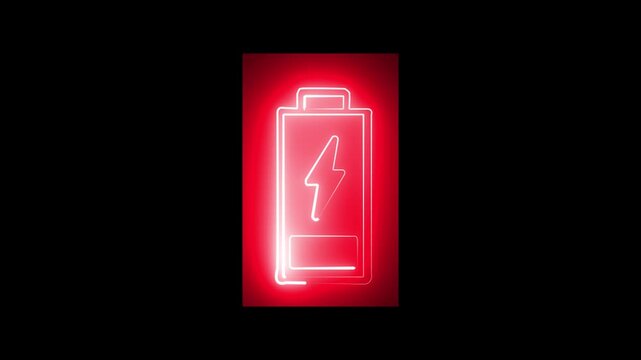Bright neon electric battery icon. Neon battery sign animation. Neon charging animation black background.4k v ideo..
