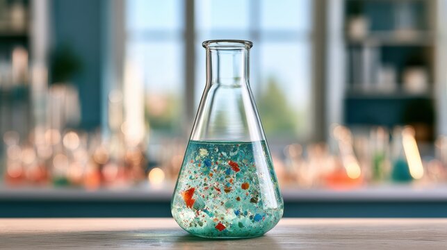 A detailed close-up of a glass beaker containing seawater and microorganisms, highlighting scientific research in marine biology and environmental science.