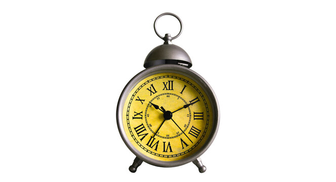 Antique Silver Twin Bell Alarm Clock with Yellow Dial Isolated on Transparent PNG