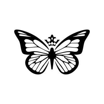 Elegant black butterfly illustration featuring a decorative crown above its wings. Bold symmetrical design representing beauty, royalty, transformation, freedom, elegance, and luxury. Suitable for fas
