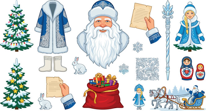 Slavic Winter Holiday Vector Set with Ded Moroz Snegurochka and Christmas Tree Icons