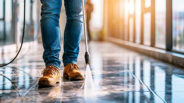 Worker Washing Indoor Floor Surface With High Pressure Water Cleaning Machine

