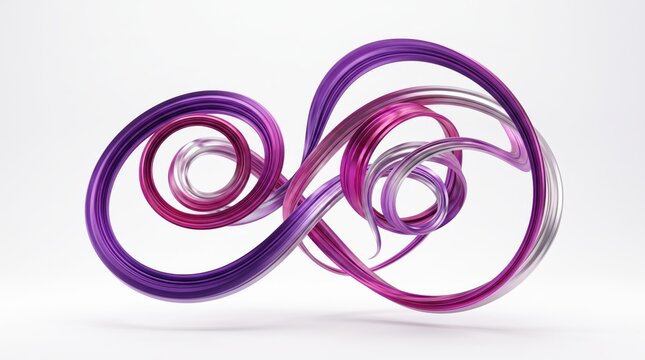 Abstract 3D render of glossy purple and pink metallic ribbons forming infinite loop shape on white background, representing infinity, continuity, flow and modern digital art concept