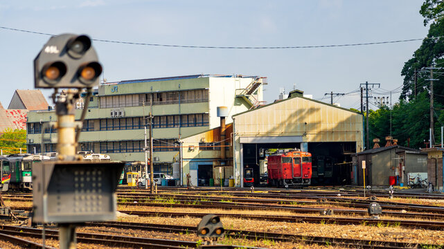 Tokushima, Japan - July 28 2026: Various JR Shikoku diesel trains and classic KiHa 40 series parked in the Tokushima station rail yard