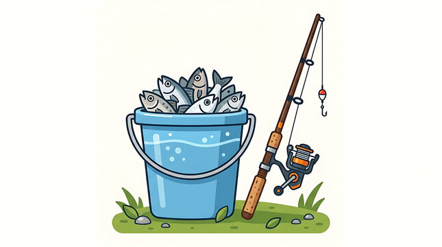 A blue bucket filled with a fresh catch of fish next to a fishing rod on green grass