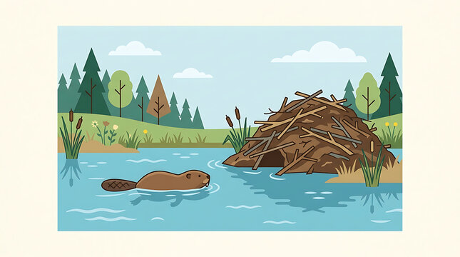 Cartoon beaver swimming in a pond near a dam with a forest backdrop