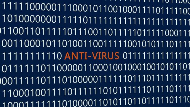 Anti-virus text or word with digital binary animation made in After Effects for digital world technology concept, representing malware detection, system protection, and cybersecurity defense software.