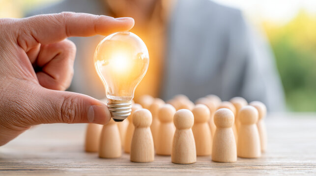 Hand Pointing Glowing Light Bulb Icon Over Wooden Figure People Creative Concept
