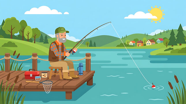 Elderly man fishing from a wooden dock on a sunny day