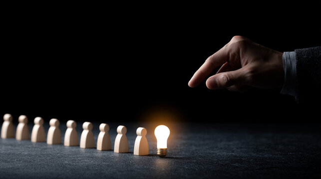 Hand Pointing Glowing Light Bulb Icon Over Wooden Figure People Creative Concept
