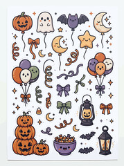 Fototapeta premium Cute Helloween sticker sheet collection with spooky ghost, pumpkin, and bat illustrations