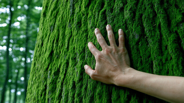 Human Hand Touching Green Moss Covered Tree Trunk Texture In Natural Forest
