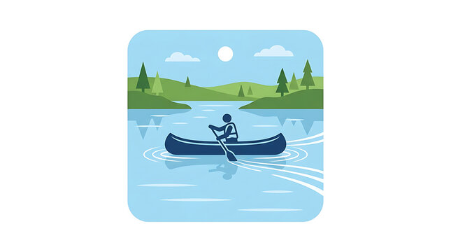 Person paddling a canoe on a calm lake with pine trees and rolling hills in the background