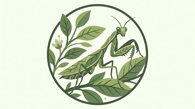 Stylized praying mantis illustration framed within a circular border surrounded by lush green foliage