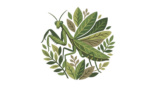 Stylized praying mantis illustration set against a circular arrangement of green leaves