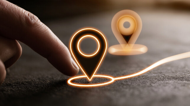 Finger Touching Digital Glowing Road Navigation Map Waypoint Pin Icon On Dark Background
