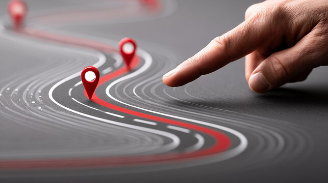 Finger Touching Digital Glowing Road Navigation Map Waypoint Pin Icon On Dark Background
