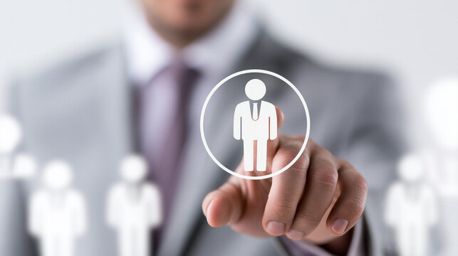 Hand Touching Glowing Human Icon On Digital Screen For Talent Management Concept
