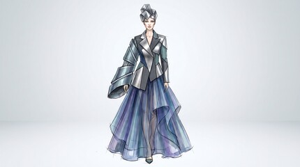 Fototapeta premium An original futuristic fashion concept showcases an avant-garde outfit with sculptural shapes, asymmetrical layers, flowing panels, and innovative sleeve details.