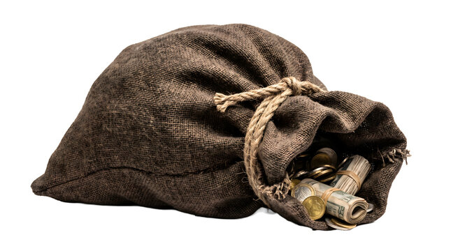 Burlap sack filled with money and coins on a black background