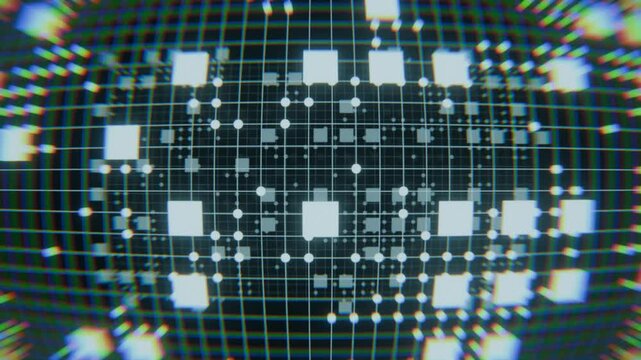 3D Animation of Abstract Sci-Fi Digital Grid Network with Chromatic Aberration in Seamless Loop