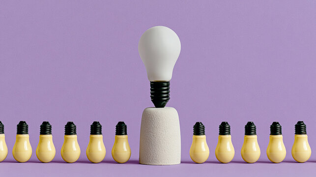 Single Large Light Bulb Standing Out Among Row Of Small Yellow Bulbs
