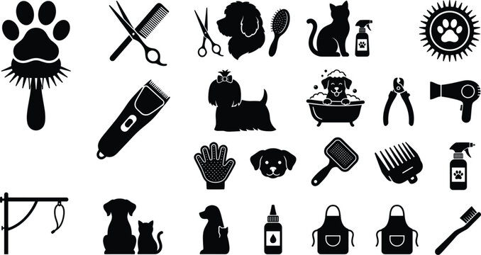 Pet grooming service silhouette icon set with dog cat scissors brush trimmer nail clipper salon logo vector