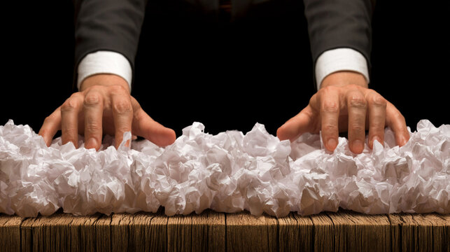 Overworked Employee Hands Placed On Huge Stack Of Paperwork Documents
