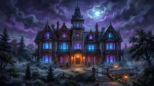 Victorian mansion with glowing purple and blue windows in foggy night house gothic