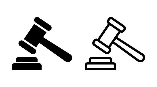 Simple black and white vector icons of a judicial gavel on a block
