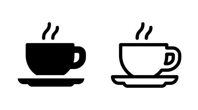 Icon set featuring coffee cups on saucers in solid and outline graphic styles