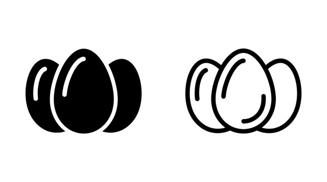 Three raw eggs icon set in black solid and outline styles with ingredient