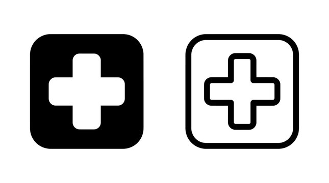 Medical plus sign icons in solid and outline styles with hospital