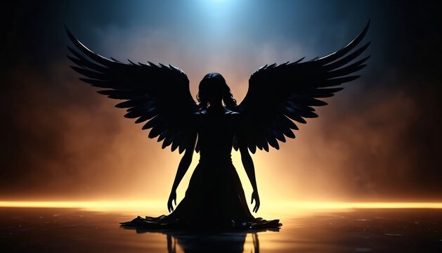 Seated dark angel silhouette with wings against firelight