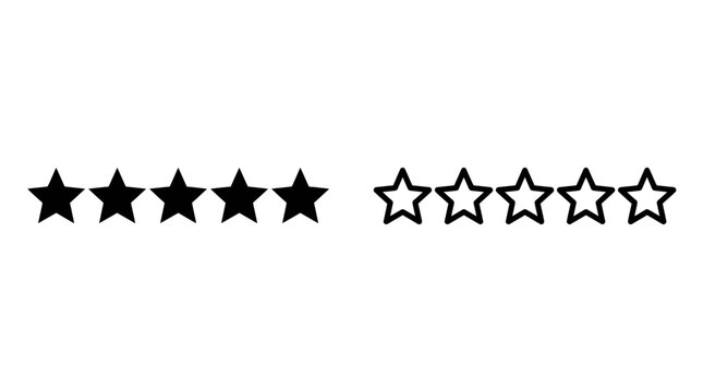 Five stars rating icon set in solid black and outlined styles for review